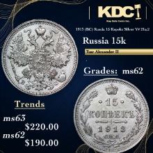 1913 (BC) Russia 15 Kopeks Silver Y# 21a.2 Grades Select Unc