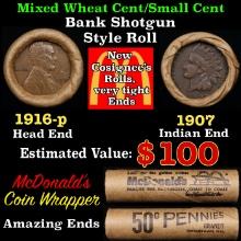 Small Cent Mixed Roll Orig Brandt McDonalds Wrapper, 1916-p Lincoln Wheat end, 1907 Indian other end