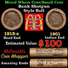 Small Cent Mixed Roll Orig Brandt McDonalds Wrapper, 1918-s Lincoln Wheat end, 1901 Indian other end