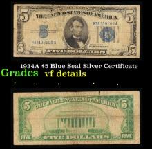 1934A $5 Blue Seal Silver Certificate Grades vf details