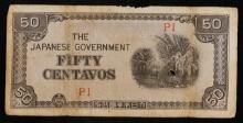 1942 Philippines (Japanese WWII Occupation) 50 Centavos Banknote P# 105 Grades vf+