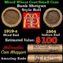 Small Cent Mixed Roll Orig Brandt McDonalds Wrapper, 1919-s Lincoln Wheat end, 1864 Indian other end