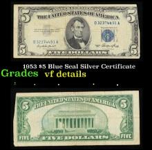 1953 $5 Blue Seal Silver Certificate Grades vf details