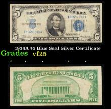 1934A $5 Blue Seal Silver Certificate Grades vf+