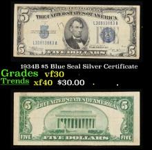 1934B $5 Blue Seal Silver Certificate Grades vf++