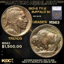 ***Auction Highlight*** 1913-s Ty II Buffalo Nickel 5c Graded ms63 By SEGS (fc)