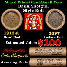 Small Cent Mixed Roll Orig Brandt McDonalds Wrapper, 1916-d Lincoln Wheat end, 1897 Indian other end