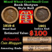 Small Cent Mixed Roll Orig Brandt McDonalds Wrapper, 1919-d Lincoln Wheat end, 1901 Indian other end