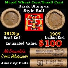 Small Cent Mixed Roll Orig Brandt McDonalds Wrapper, 1913-p Lincoln Wheat end, 1907 Indian other end