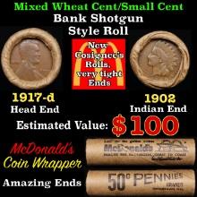 Small Cent Mixed Roll Orig Brandt McDonalds Wrapper, 1917-d Lincoln Wheat end, 1902 Indian other end