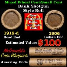 Small Cent Mixed Roll Orig Brandt McDonalds Wrapper, 1915-d Lincoln Wheat end, 1906 Indian other end