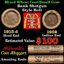 Small Cent Mixed Roll Orig Brandt McDonalds Wrapper, 1913-d Lincoln Wheat end, 1902 Indian other end