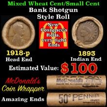 Small Cent Mixed Roll Orig Brandt McDonalds Wrapper, 1918-p Lincoln Wheat end, 1893 Indian other end