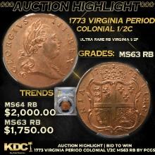 ***Auction Highlight*** PCGS 1773 Virginia Period Colonial Half Cent 1/2c Graded ms63 RB By PCGS (fc
