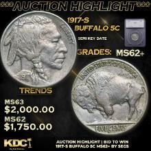 ***Auction Highlight*** 1917-s Buffalo Nickel 5c Graded ms62+ By SEGS (fc)