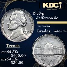 1958-p Jefferson Nickel 5c Grades Choice Unc+ 5fs