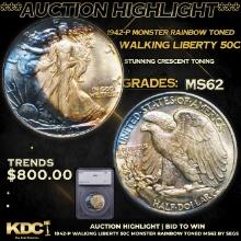 ***Auction Highlight*** 1942-p Walking Liberty Half Dollar Monster Rainbow Toned 50c Graded ms62 By