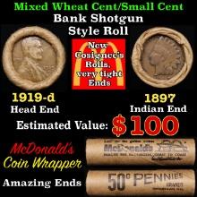 Small Cent Mixed Roll Orig Brandt McDonalds Wrapper, 1919-d Lincoln Wheat end, 1897 Indian other end