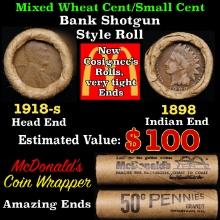 Small Cent Mixed Roll Orig Brandt McDonalds Wrapper, 1918-s Lincoln Wheat end, 1898 Indian other end