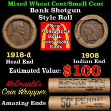 Small Cent Mixed Roll Orig Brandt McDonalds Wrapper, 1918-d Lincoln Wheat end, 1908 Indian other end