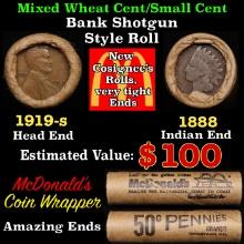 Small Cent Mixed Roll Orig Brandt McDonalds Wrapper, 1919-s Lincoln Wheat end, 1888 Indian other end