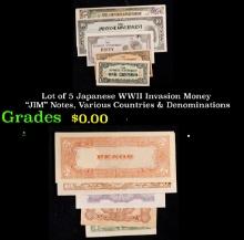 Lot of 5 Japanese WWII Invasion Money "JIM" Notes, Various Countries & Denominations Grades