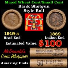 Small Cent Mixed Roll Orig Brandt McDonalds Wrapper, 1919-s Lincoln Wheat end, 1889 Indian other end