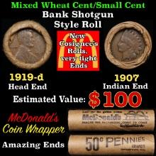 Small Cent Mixed Roll Orig Brandt McDonalds Wrapper, 1919-d Lincoln Wheat end, 1907 Indian other end
