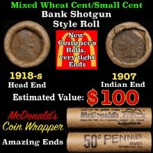 Small Cent Mixed Roll Orig Brandt McDonalds Wrapper, 1918-s Lincoln Wheat end, 1907 Indian other end