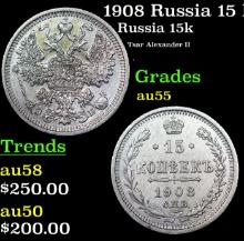 1908 Russia 15 Kopeks Silver Y# 21a.2 Grades Choice AU