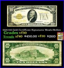 1928 $10 Gold Certificate Signatures Woods/Mellon Grades vf++