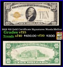 1928 $10 Gold Certificate Signatures Woods/Mellon Grades vf+