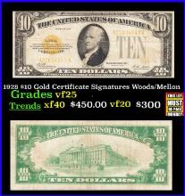 1928 $10 Gold Certificate Signatures Woods/Mellon Grades vf+