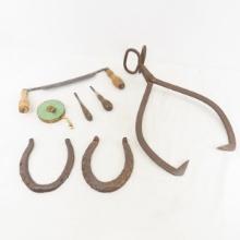 Antique ice tongs, horse shoes, tools & more