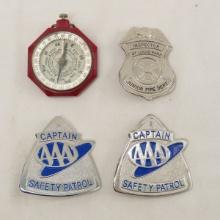Jr Fire Dept & 2 Safety Patrol Badges & Compass