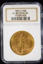 1908-D $20 Gold St Gaudens No Motto ANA AU-58