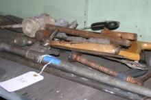 Grouping of tools, Spud wrench, wooden malets hand saws, hammers and other steel tools