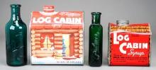 2 Vtg Log Cabin Syrup Tins & 2 Green Palmers Bottles