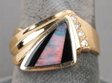 14k Onyx Opal & Diamond Ring, Sz. 7