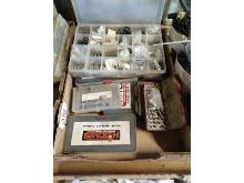 Box of Parts Bins & New Parts Including Carb Jets, Valve Shims, Etc.