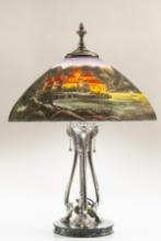 Signed Pairpoint Table Lamp with 15" reverse painted scenic shade. Lamp stands 22" tall, has been pr