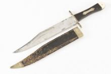 Antique Clip Point Bowie Knife, unmarked, 9" blade, 14 3/4" overall. Heavy silver cross guard with h