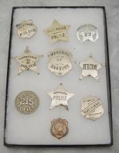Framed Showcase collection of 10 Badges to include: (1) Special Police Shield Badge with etched bord
