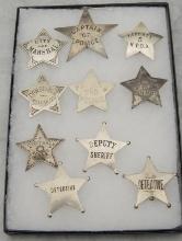 Framed Showcase Collection of 10 Badges to include: (1) City Marshal 5-point Star Badge, with border
