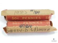 Two Rolls Wheats, One in 1950's, One Has 49 1934-D, One 1934-P
