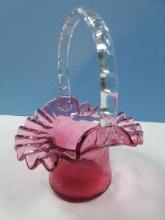 Fenton Art Glass Cranberry Optic Diamond Pattern Basket w/Applied Clear Handle-