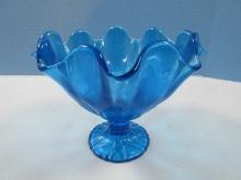Mid Century Peacock Blue Swung Glass Handkerchief Compote 5" H Top 6"