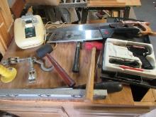 Lot Vintage Hand Saws, Rubber Mallets, Hammer, Stanley Aluminum 24" Level, Pulleys, etc.