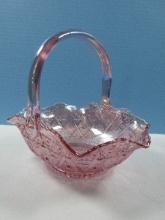 Stunning LE Smith Pink Luster Carnival Glass Basket w/Applied Handle Diamond & Lace Pattern