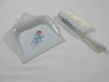 2pc Set Porcelain Table Crumbs/Sweeper & Dustpan Hand painted Red Stem Rose & Blue Ribbon